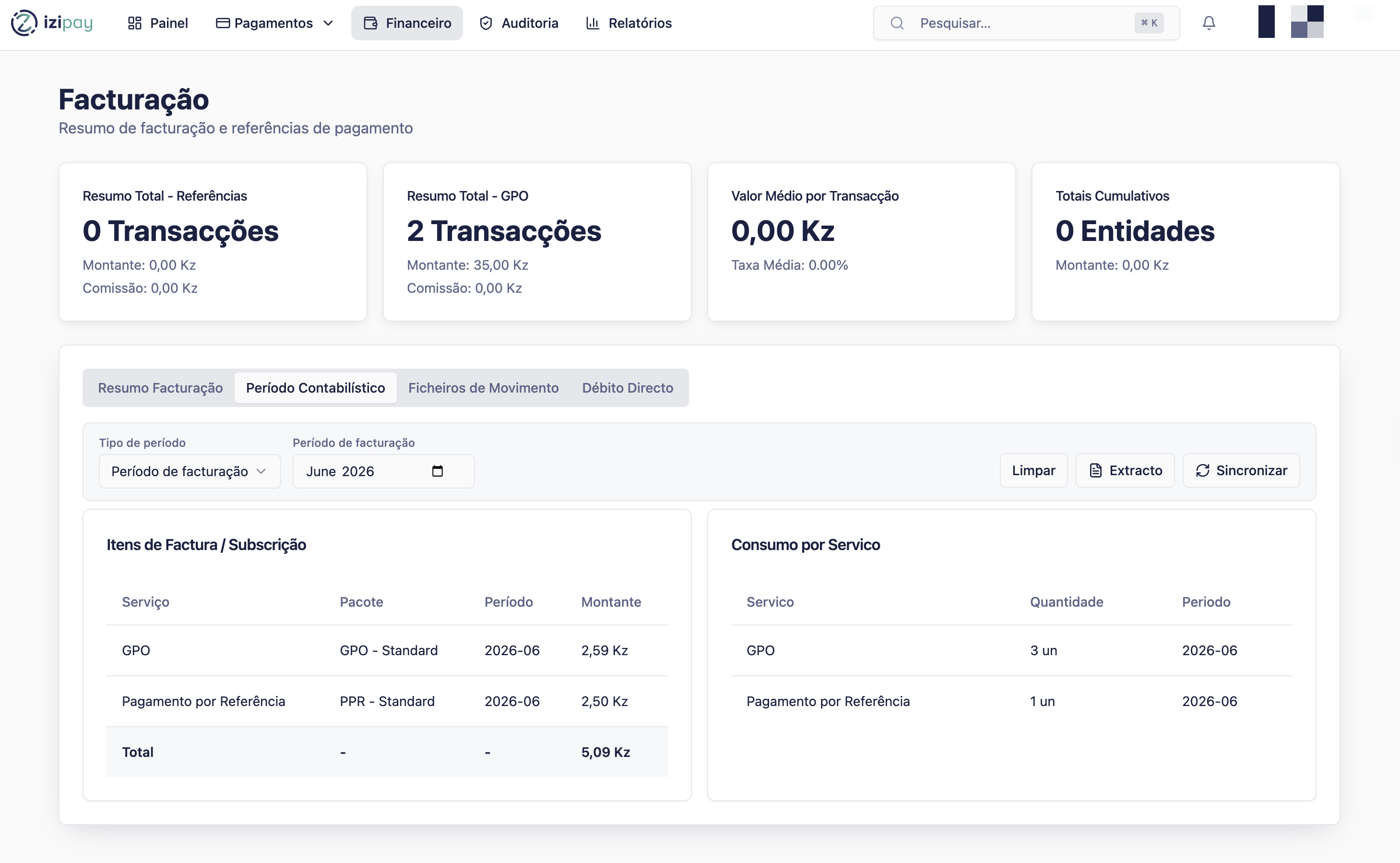 Accounting period screen in the IZI Pay Portal