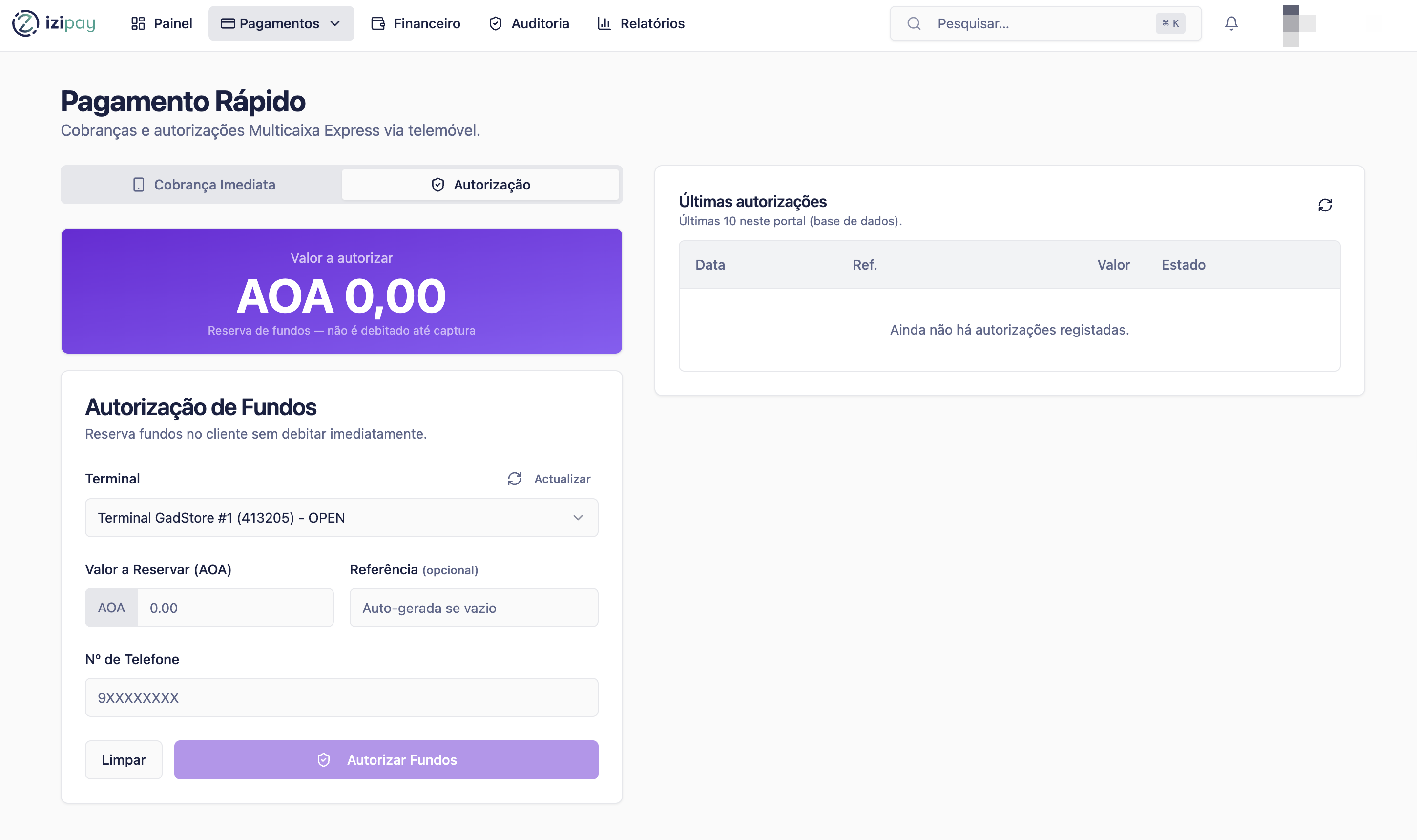 Ecrã de autorização de pagamento no Portal IZI Pay