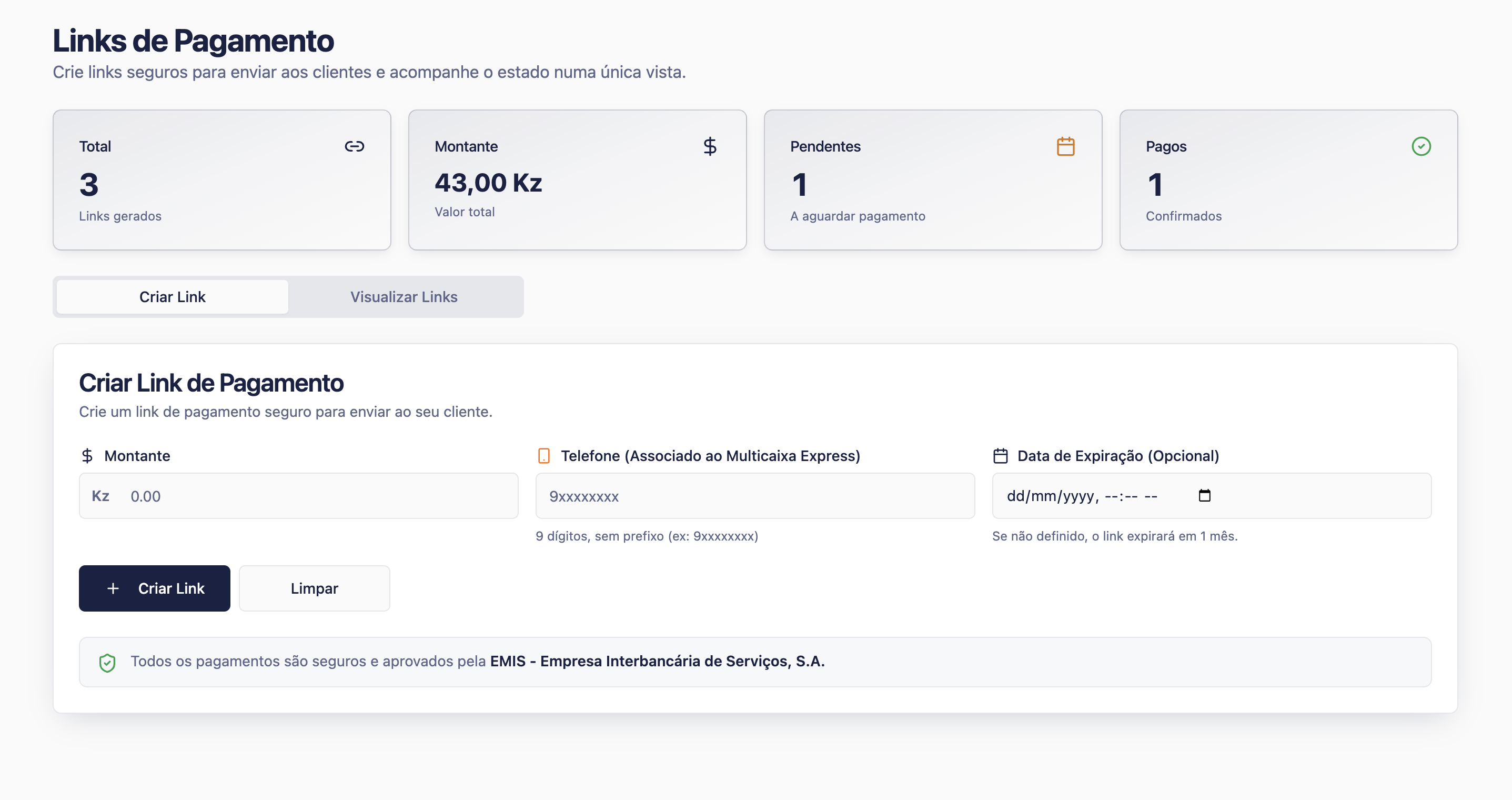 Create payment link screen