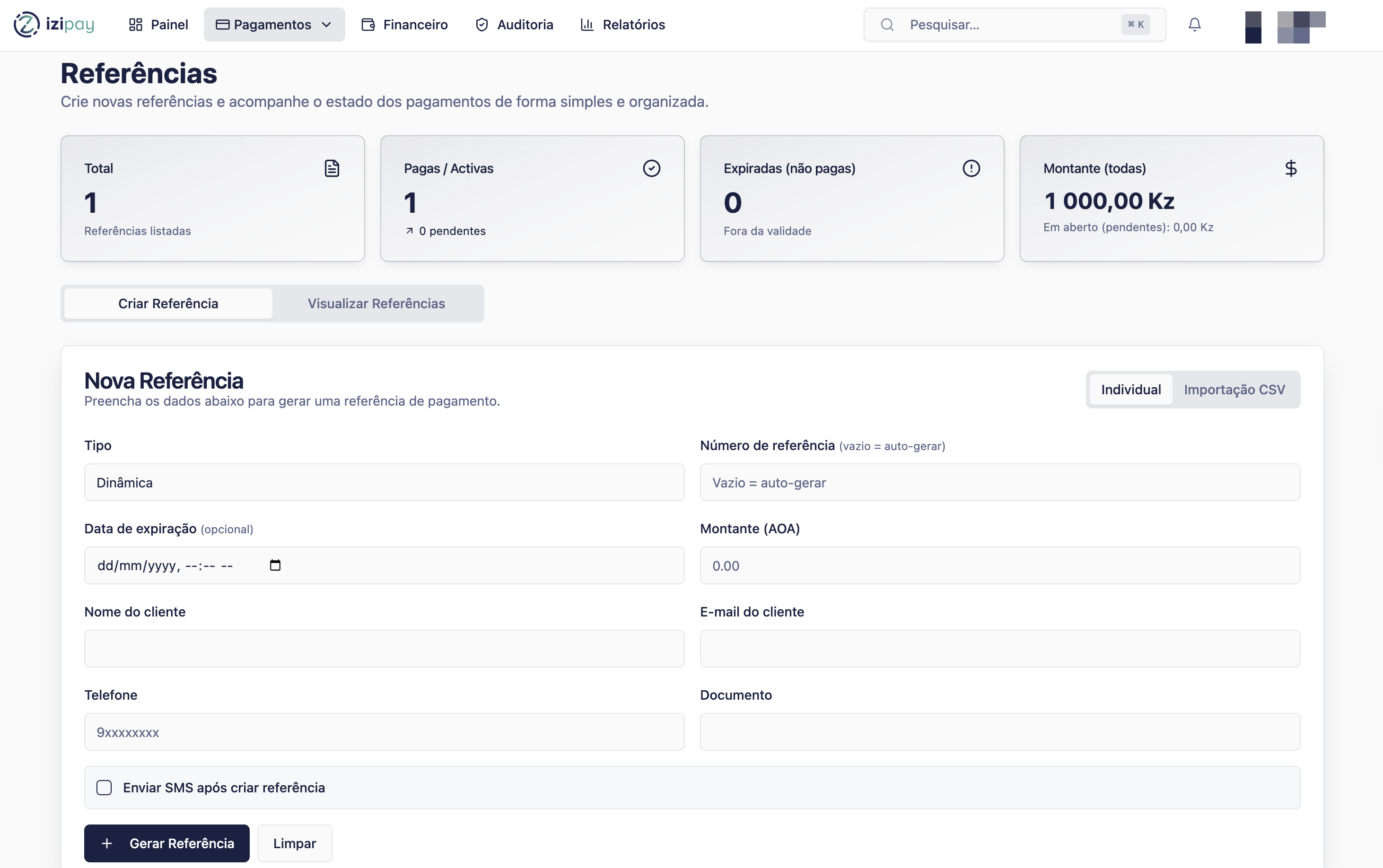 Ecrã de criação de referência no Portal IZI Pay