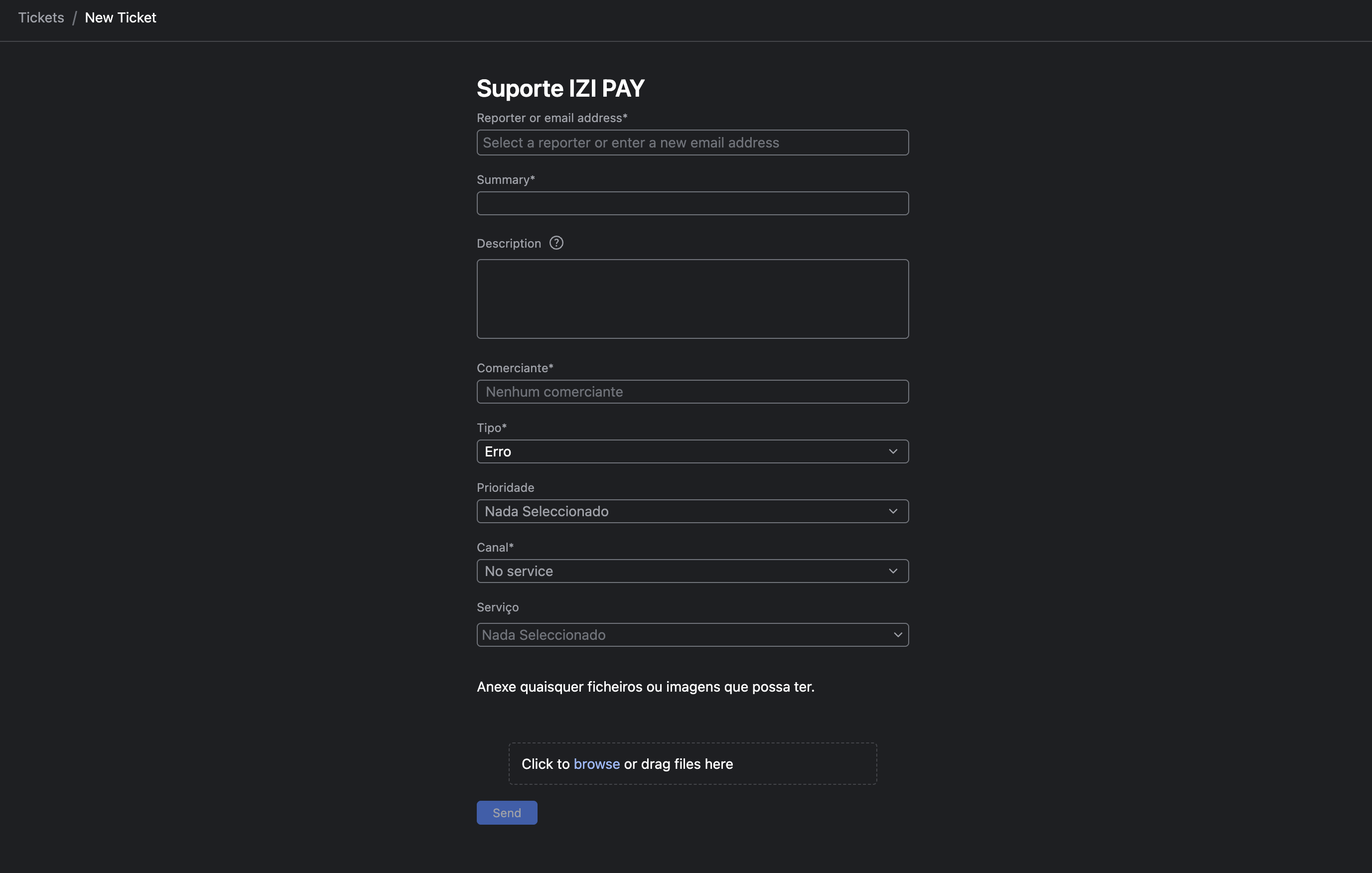 Helpdesk screen in the IZI Pay Portal