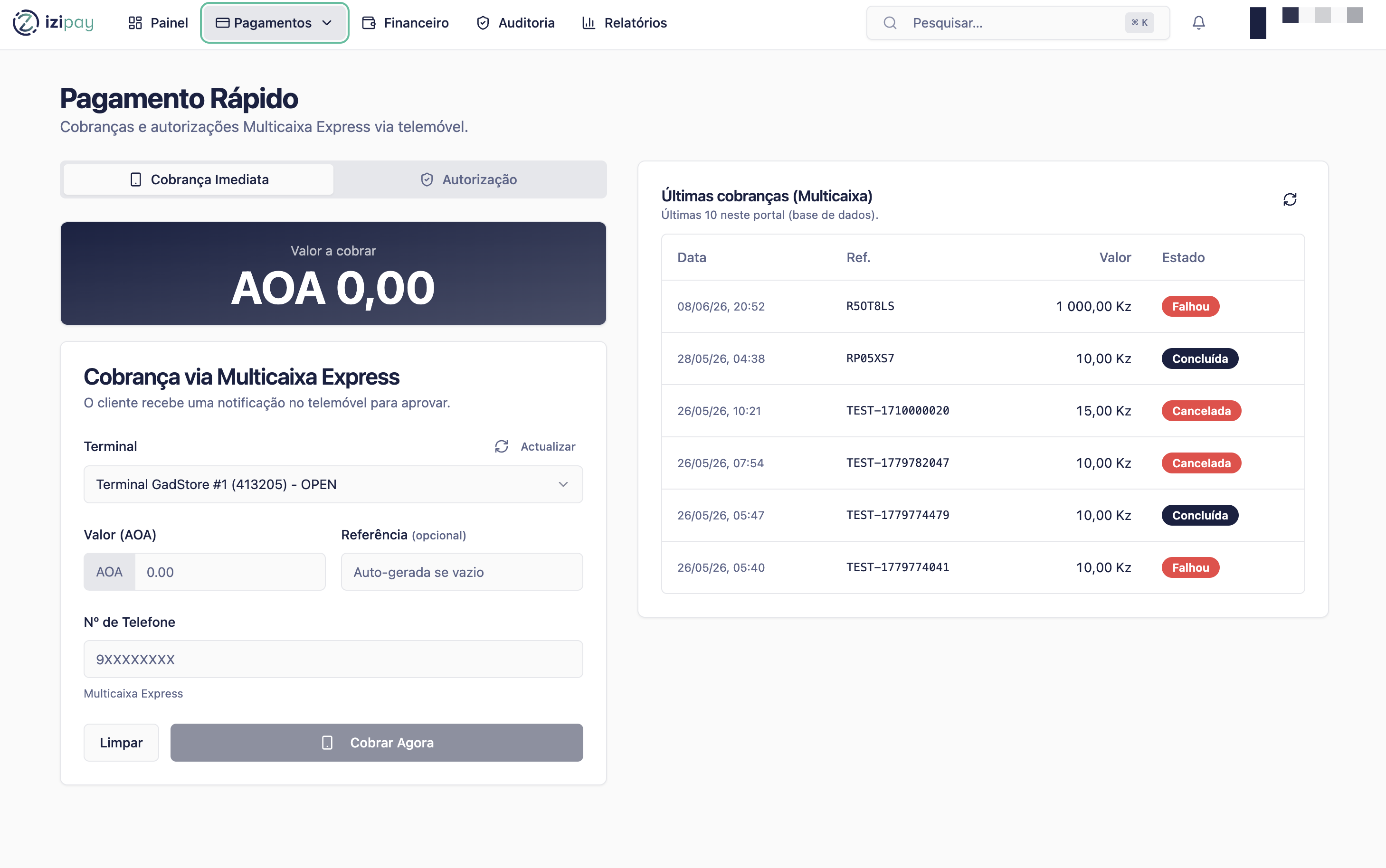 Ecrã de pagamento rápido no Portal IZI Pay