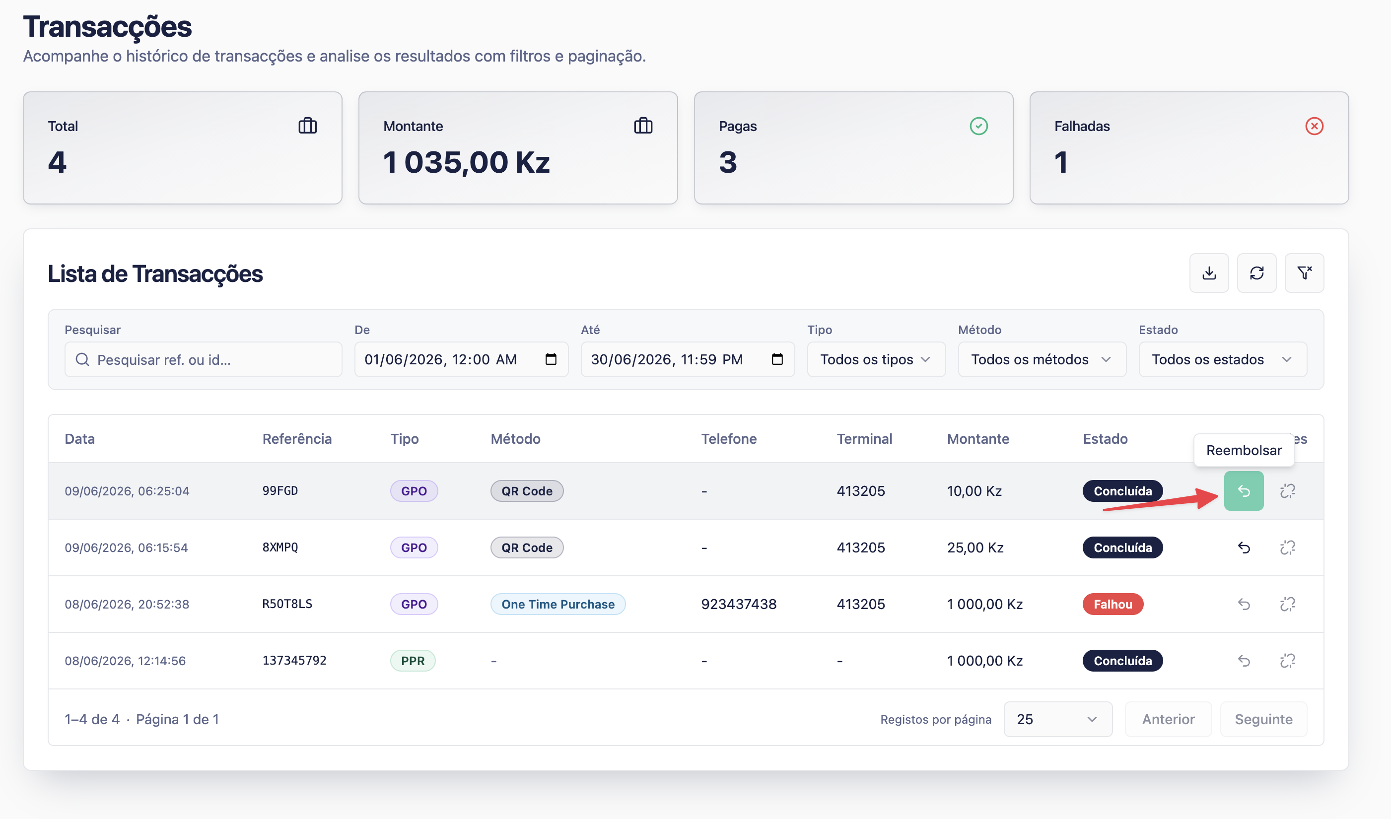 Payment details screen with refund action