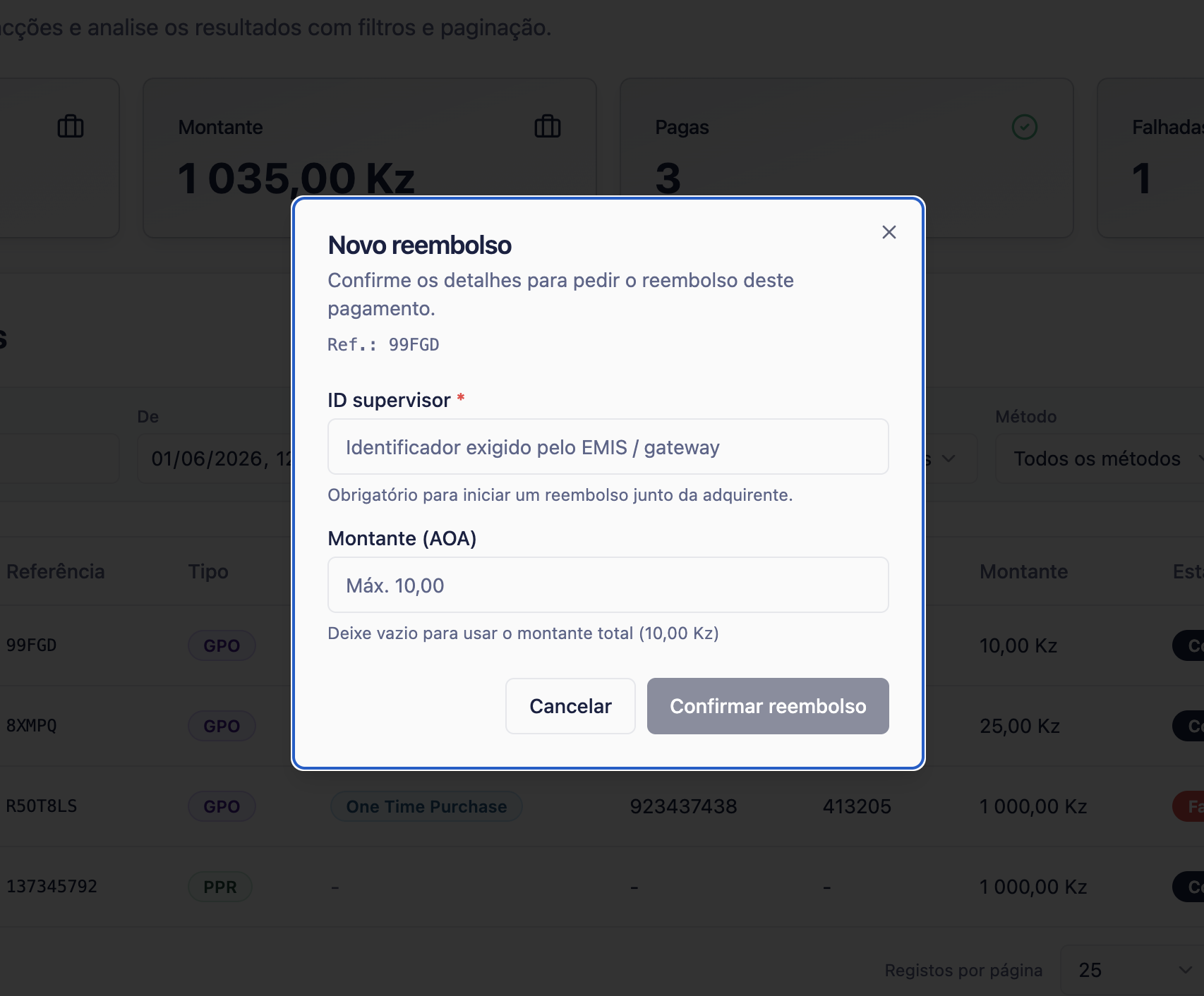Refund request confirmation modal
