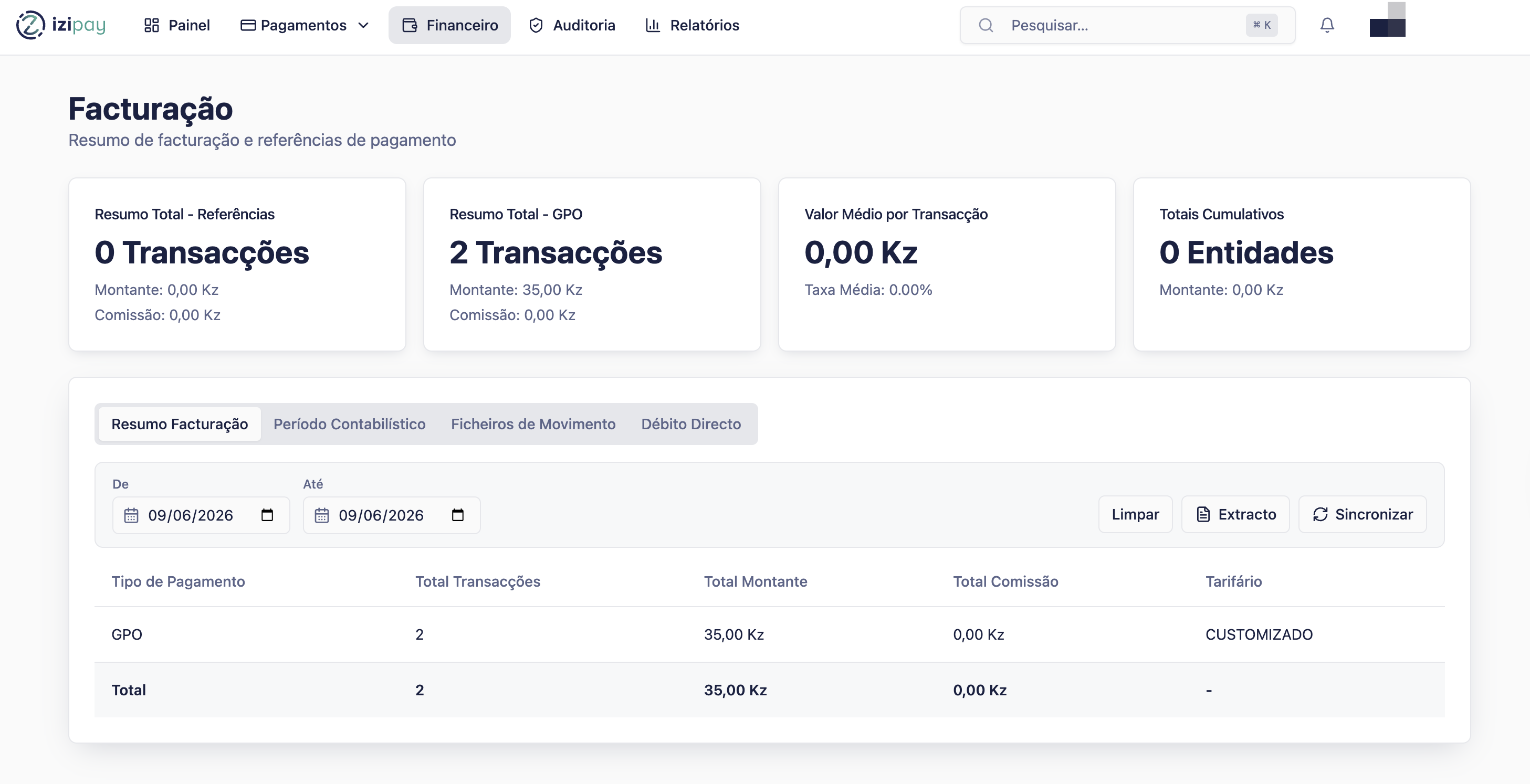 Billing summary screen in the IZI Pay Portal