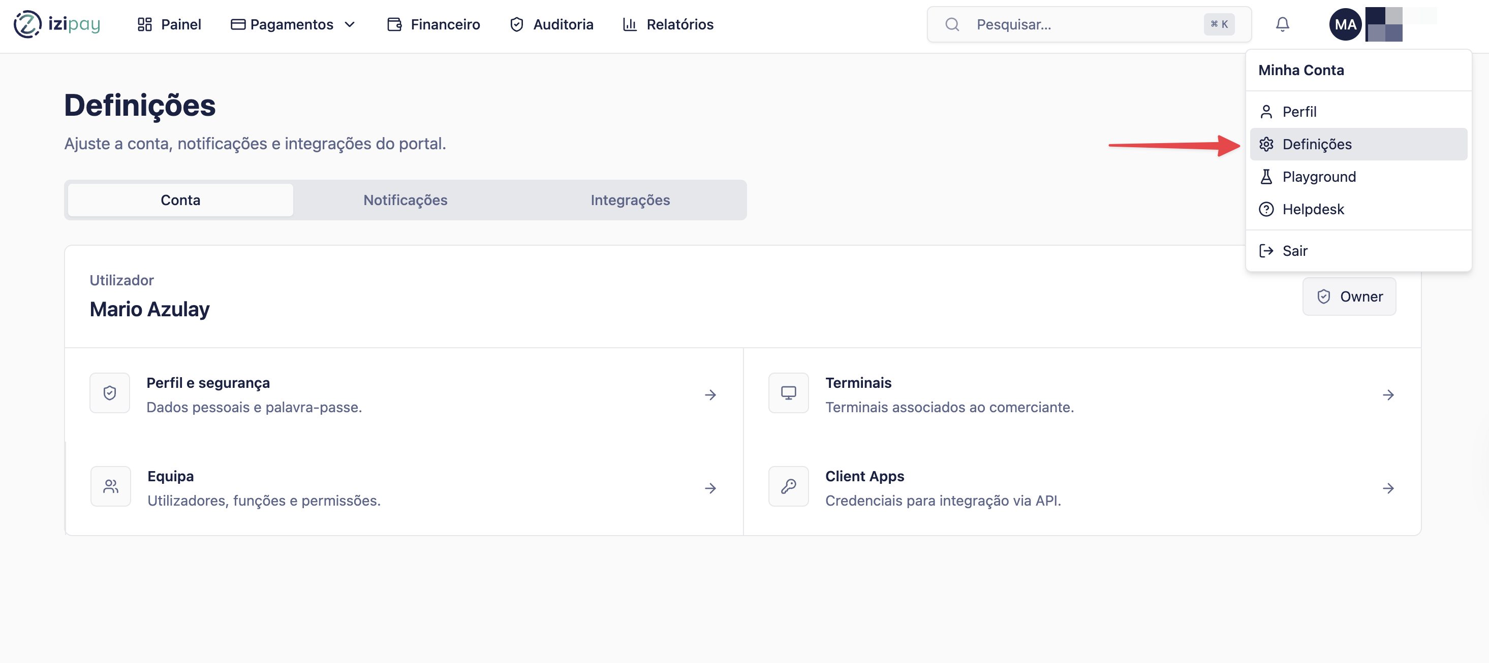 Settings screen in the IZI Pay Portal