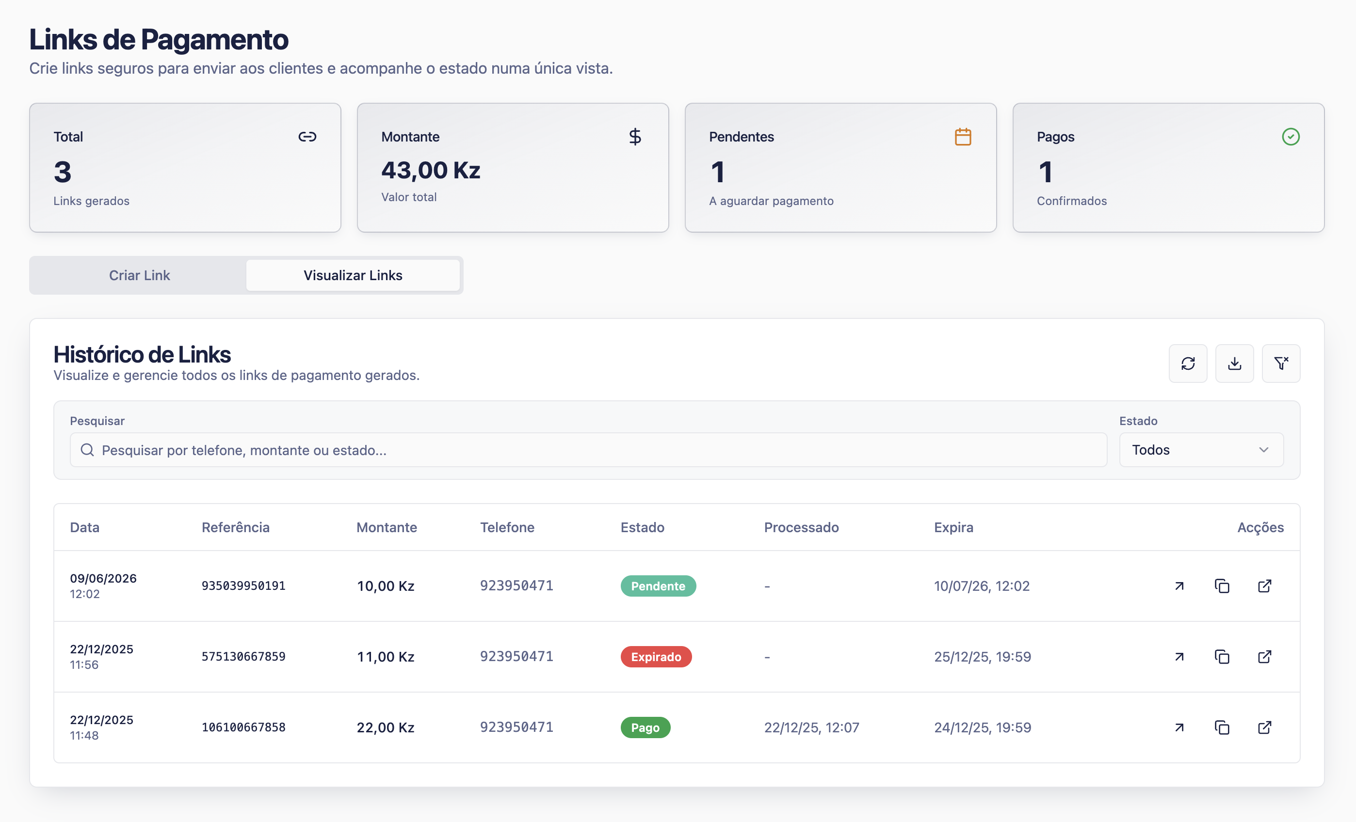 Payment links list screen