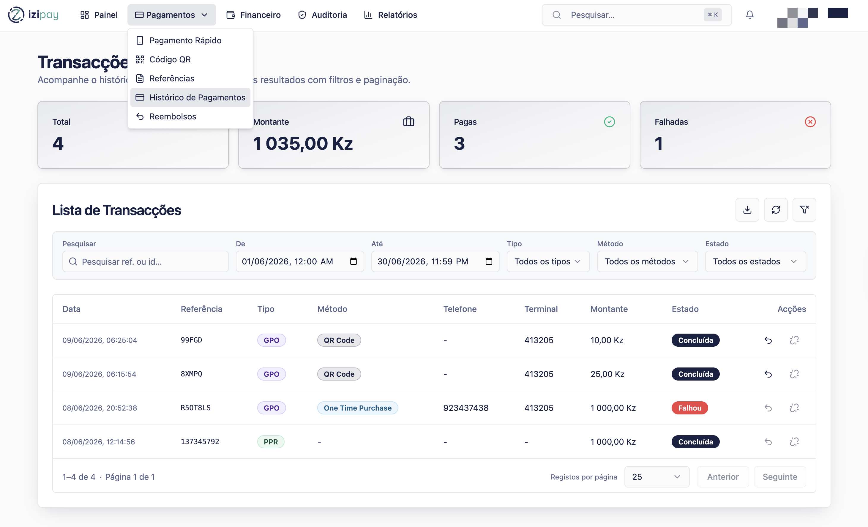 Payment history screen in the IZI Pay Portal
