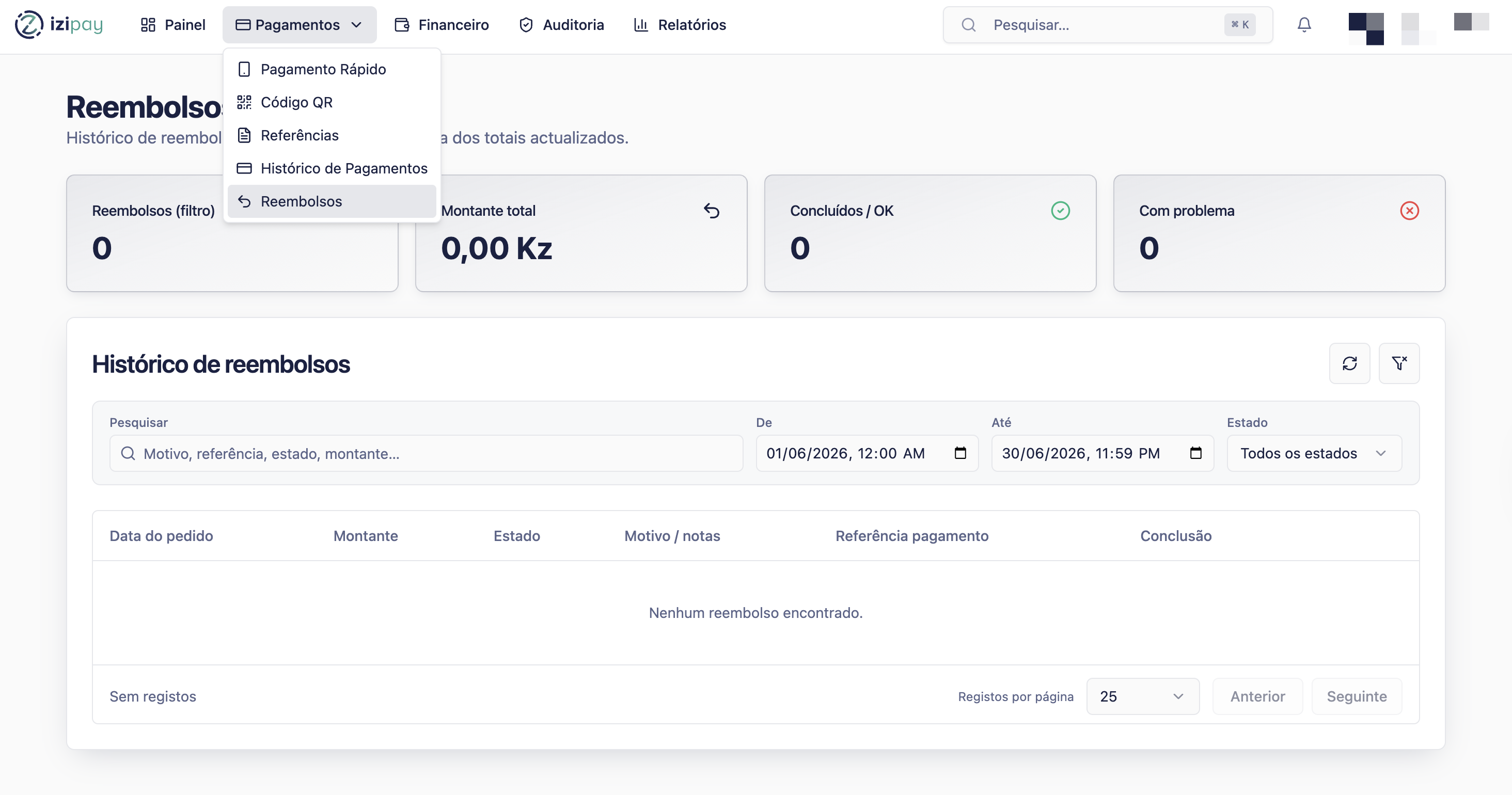 Refunds screen in the IZI Pay Portal